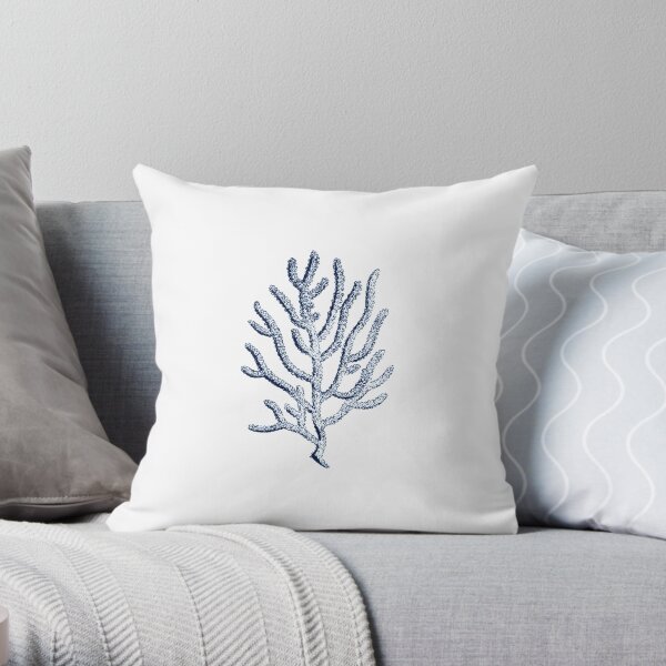 Navy Blue Ocean Coral on White Throw Pillow