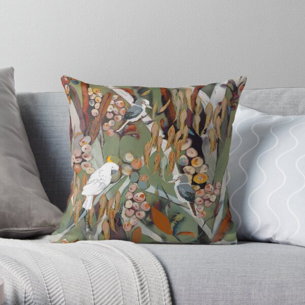 Cockatoo and kookaburra catch up Throw Pillow