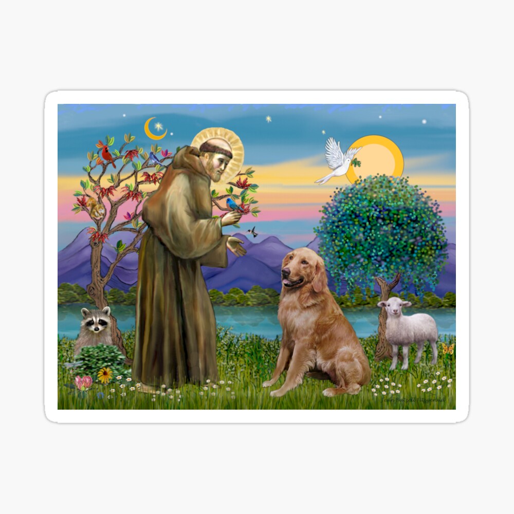 St Francis Blesses a Golden Retriever Poster for Sale by JeanBFitzgerald