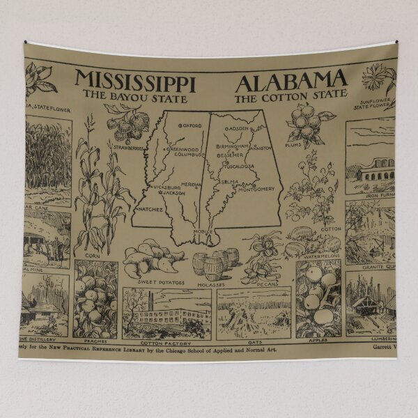 Item preview, Vintage Alabama and Mississippi Illustrative Map (1912) - Tan designed and sold by BravuraMedia.