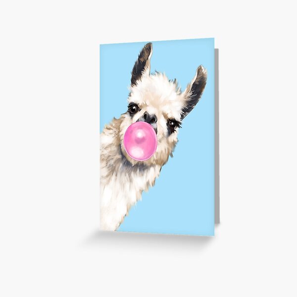 Bubble Gum Sneaky Llama in Blue Greeting Card