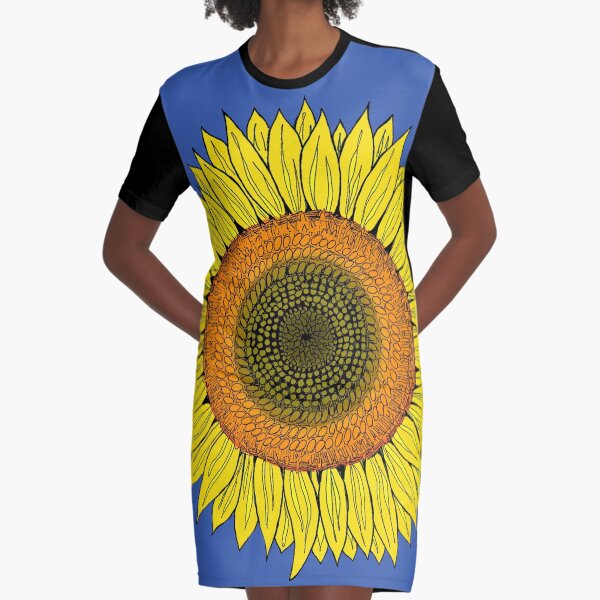 Bright Yellow Sunflowers on Blue Graphic T-Shirt Dress