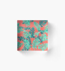 Monstera verlässt lebende Korallen. Acrylblock