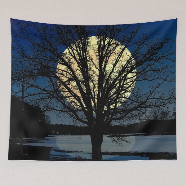 Item preview, Modern Tree and Moon Over Midnight Blue Lake Art A479 designed and sold by byNicol.