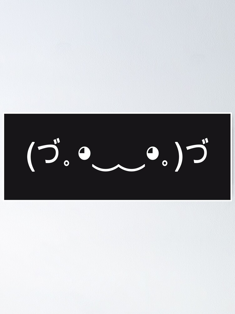 Happy Kawaii (づ｡◕‿‿◕｡)づ cute face Hands up shaking Text Emoji white on black  background HD High Quality Online Store