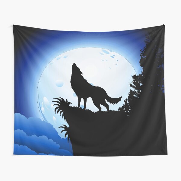 Wolf Howling at Blue Moon Tapestry