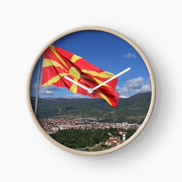Macedonian flag above Ohrid city Macedonia Clock
