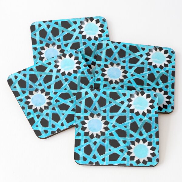Item preview, BLUE SUN Turkish Geometric Motifs Turquoise Hexagons in Black designed and sold by BulganLumini.