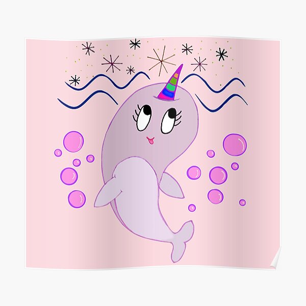 Cute Narwhal with Bubbles Drawing Poster