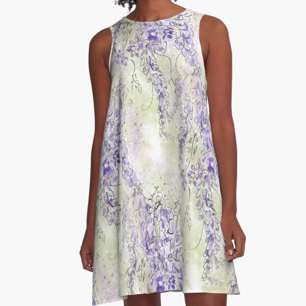 Purple Wisteria Flowers Floral Design A-Line Dress