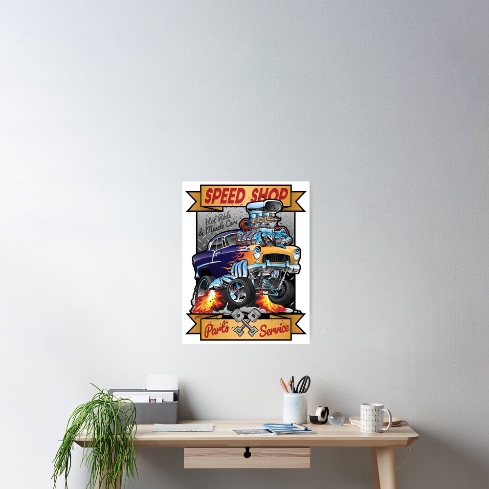 Speed Shop Hot Rod Muscle Car Parts and Service Vintage Cartoon Illustration Poster