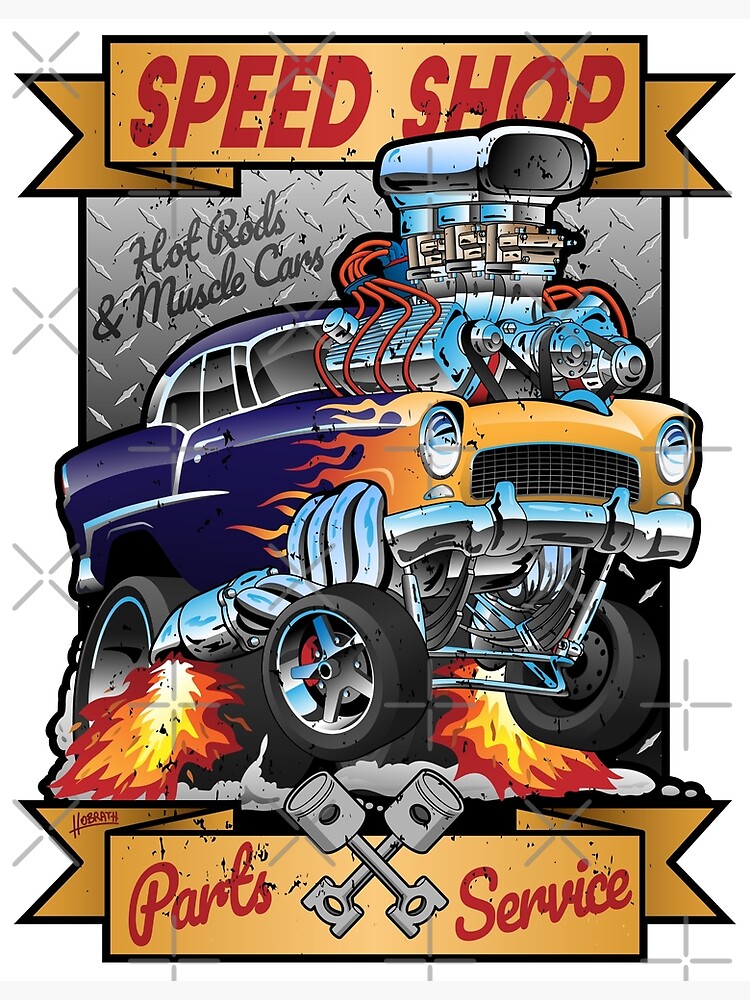 Speed Shop Hot Rod Muscle Car Parts and Service Vintage Cartoon Illustration by hobrath