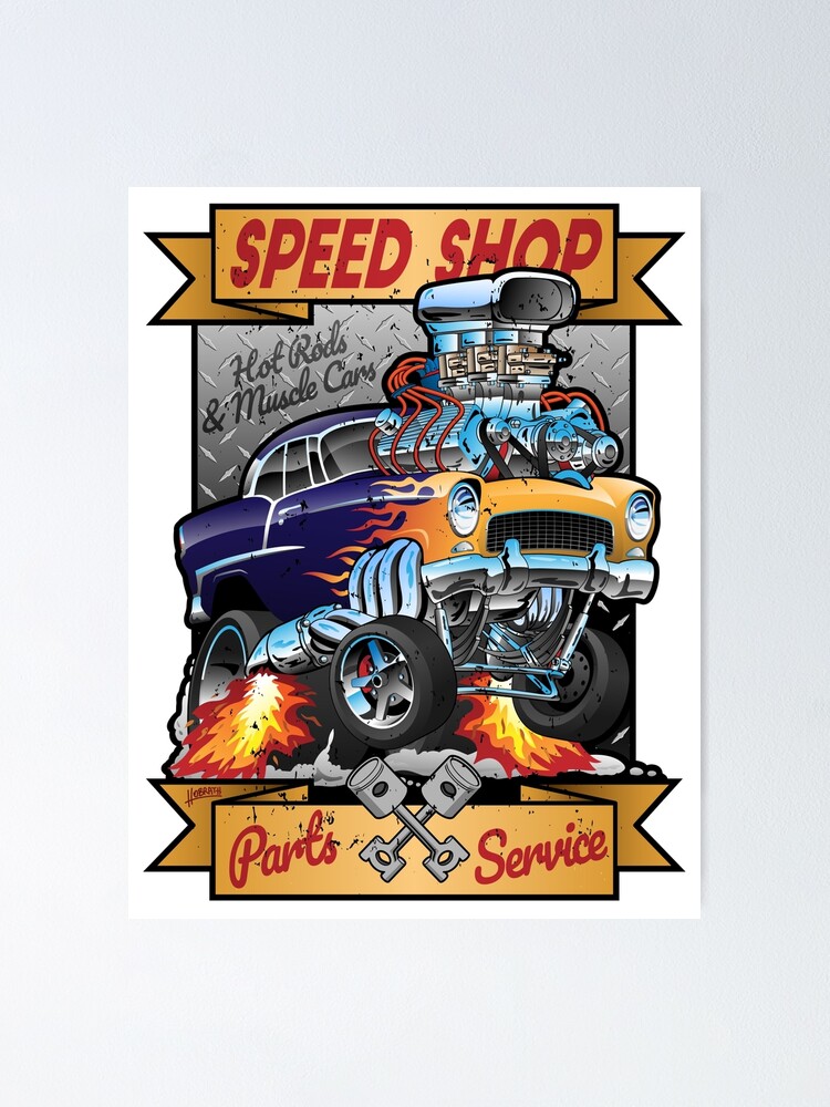 Alternate view of Speed Shop Hot Rod Muscle Car Parts and Service Vintage Cartoon Illustration Poster