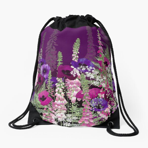 Flower Garden - Purple Poppies, Pink Foxgloves & Bracken Drawstring Bag