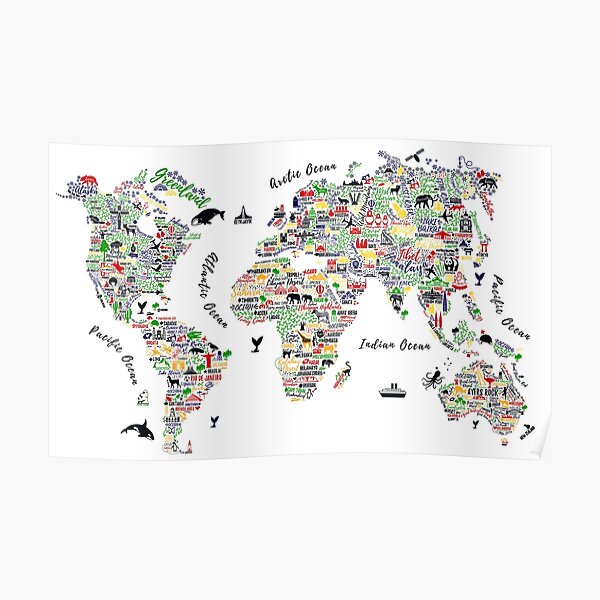 Typography World Map. Travel Poster with cities and sightseeing attractions. Poster