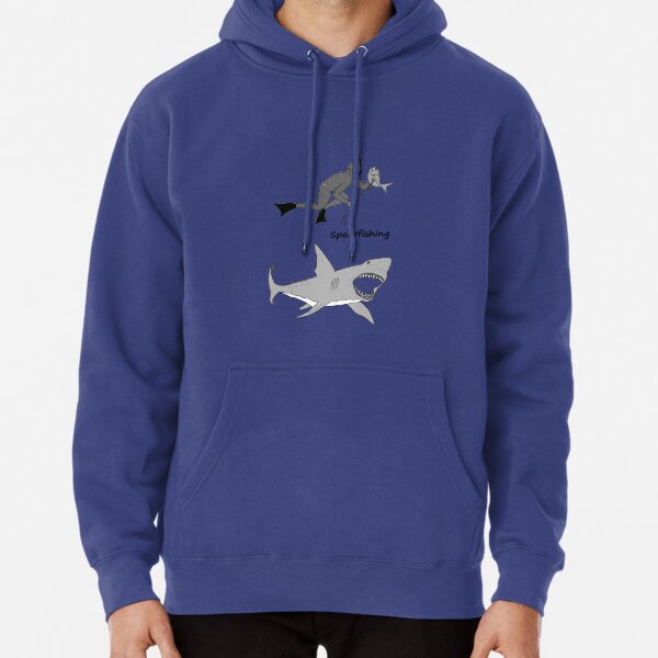 "Spearfishing Diver with Fish and Great White Shark" Pullover Hoodie