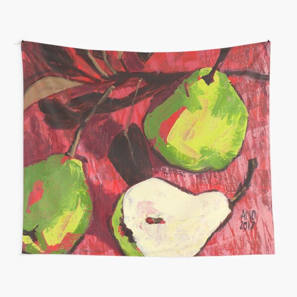 Large Green Pears on Red Tapestry