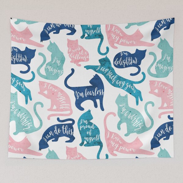 Item preview, Be like a cat // white background pastel pink blue aqua and teal cat silhouettes with affirmations designed and sold by SelmaCardoso.