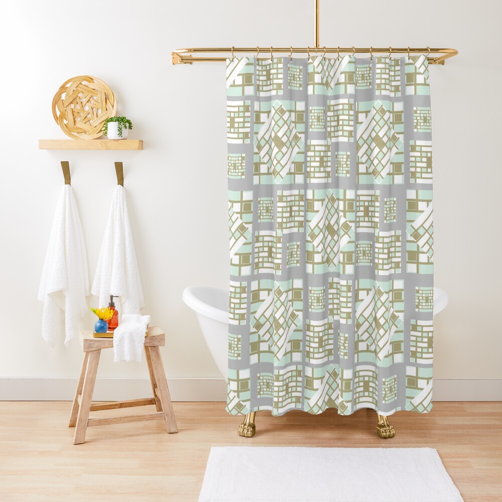"Mosaic Pattern 3. mint, green, gold, grey, cubes, decor, art, Redbubble." Shower Curtain for