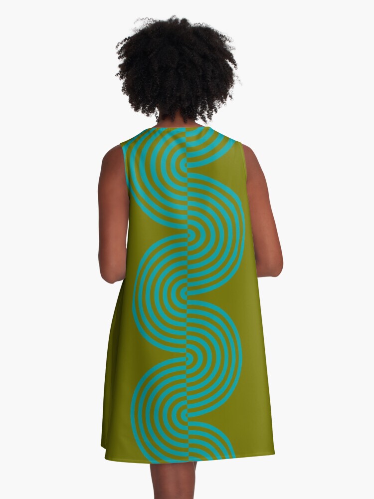 Thumbnail 3 of 4, A-Line Dress, groovy minimalist pattern: aqua waves on olive designed and sold by VrijFormaat.