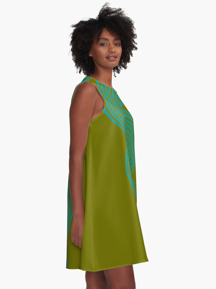 Thumbnail 2 of 4, A-Line Dress, groovy minimalist pattern: aqua waves on olive designed and sold by VrijFormaat.