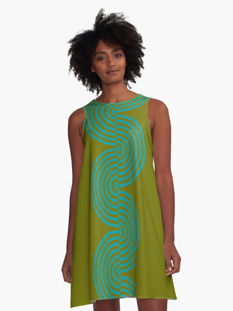 Thumbnail 1 of 4, A-Line Dress, groovy minimalist pattern: aqua waves on olive designed and sold by VrijFormaat.