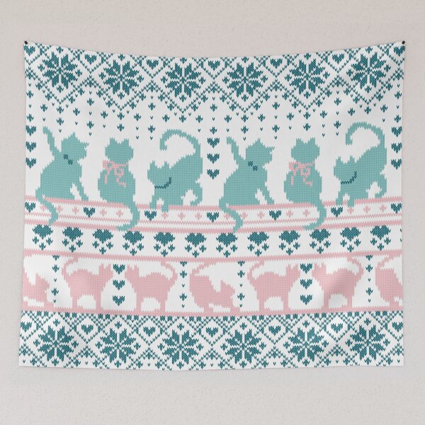 Item preview, Fair Isle Knitting Cats Love // white background teal and pink kitties and details designed and sold by SelmaCardoso.