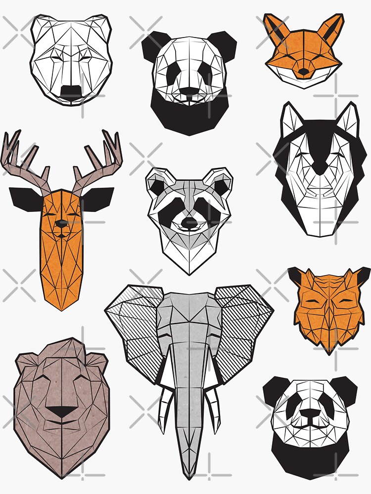 Friendly geometric animals // white background black and white orange grey  and taupe brown animals Sticker for Sale by SelmaCardoso