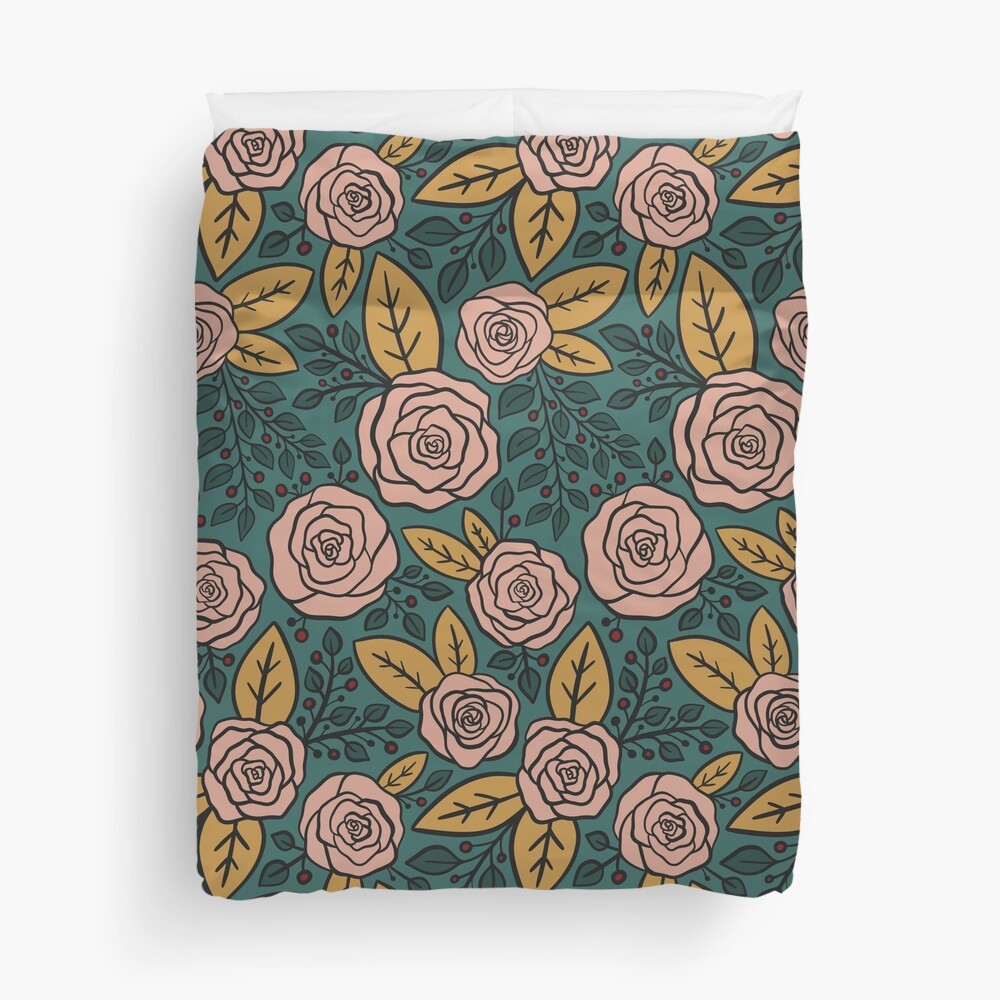 Pink roses pattern with mustard yellow leaves and a teal background Duvet Cover