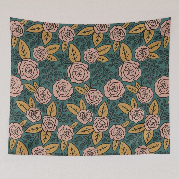 Item preview, Pink roses pattern with mustard yellow leaves and a teal background  designed and sold by NewBranchStudio.