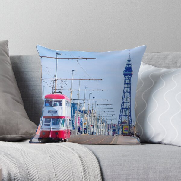 Classic Vintage Heritage Blackpool Tram with Blackpool Tower Throw Pillow