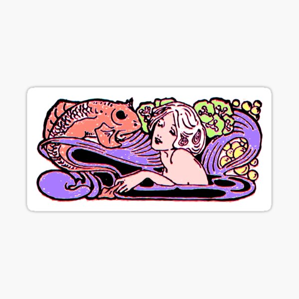 Item preview, Art Nouveau Mermaid interacts with a Fish by Minna Lowy designed and sold by neonwulf.