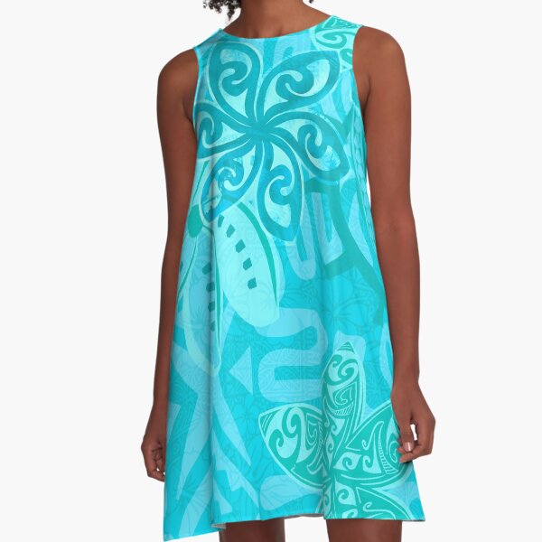 Polynesian Ocean Turqoise Jungle Print A-Line Dress