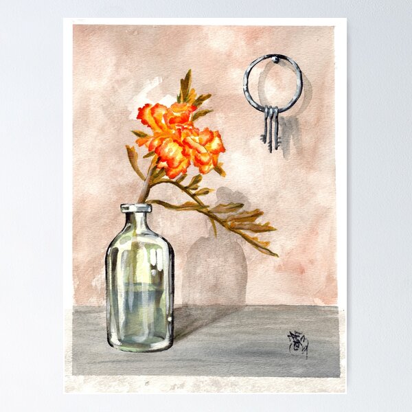 marigold in antique jar with old keys, 1 of 2 Poster