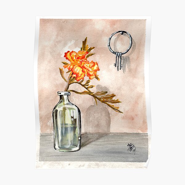 marigold in antique jar with old keys, 1 of 2 Poster