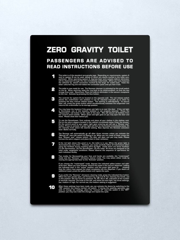 Alternate view of Zero Gravity Bathroom - Full (white text) Metal Print