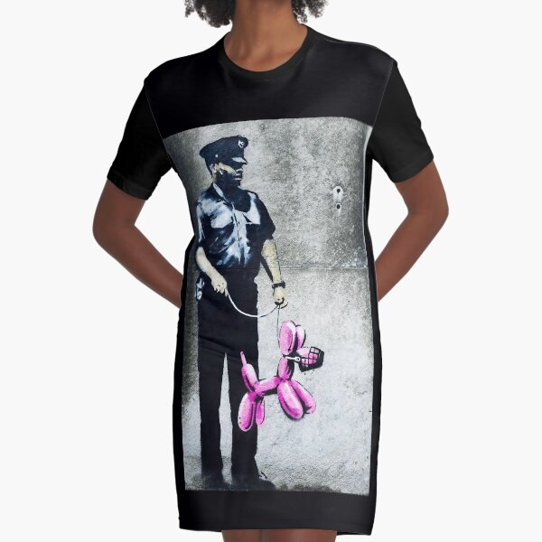 Banksy Police Guard Pink Balloon Dog Graphic T-Shirt Dress