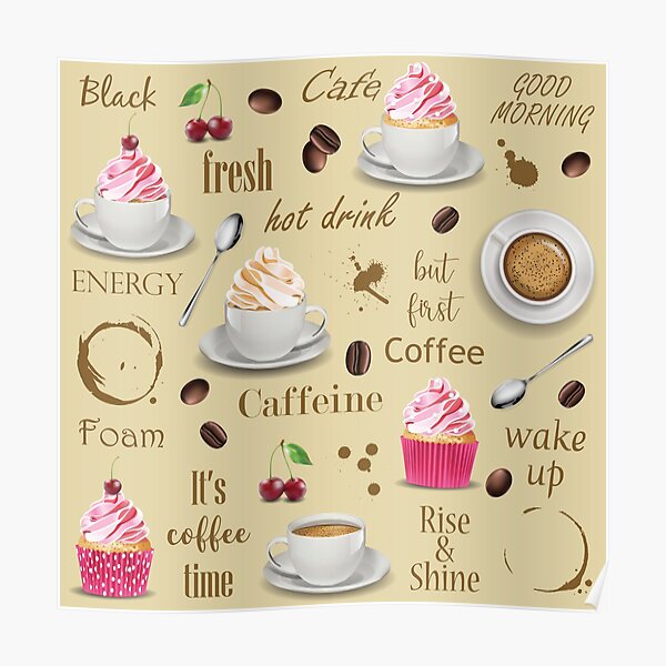 Coffee and cupcakes brown pattern Poster
