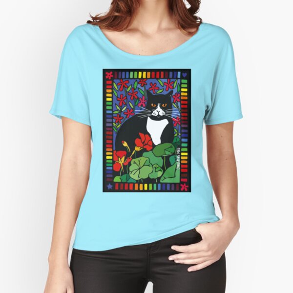 Black and White Cat in the Garden Relaxed Fit T-Shirt