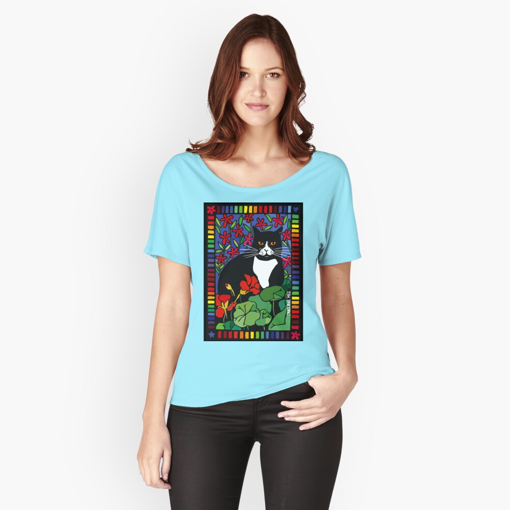 Black and White Cat in the Garden Relaxed Fit T-Shirt