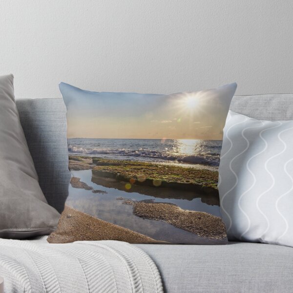 Item preview, Playa al atardecer con la marea baja. Las piedras están cubiertas de algas verdes húmedas con charcos de agua entre ellos. designed and sold by EG Creativity Art.