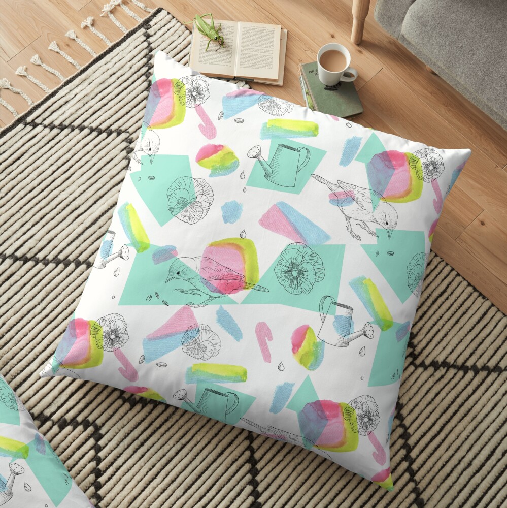 maximalist shapes garden delight with sparrow Floor Pillow
