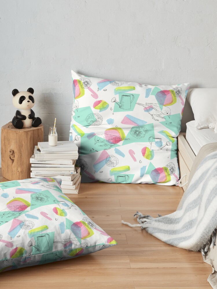 Alternate view of maximalist shapes garden delight with sparrow Floor Pillow