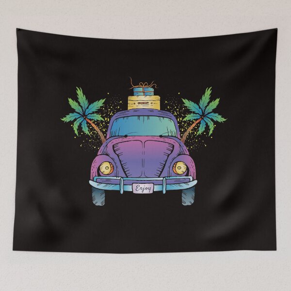 Item preview, Colorful purple retro travel car with suitcase and palms designed and sold by Anna Zakharova.