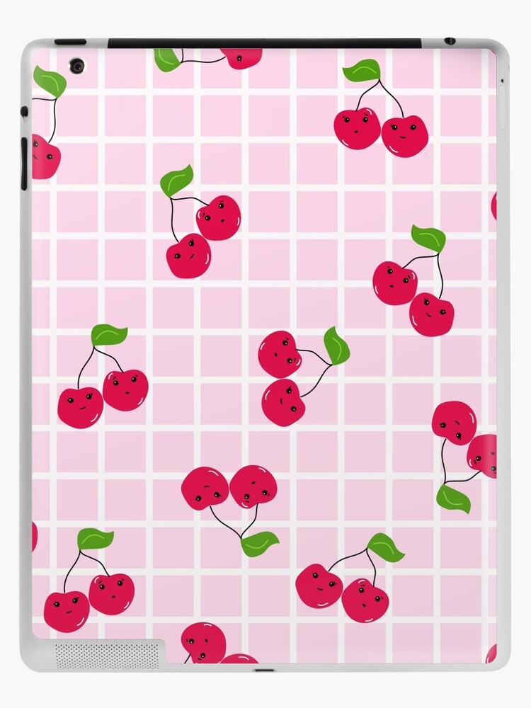 All over Kawaii Red Cherry Pattern on Pink and White Grid Background | iPad  Case & Skin