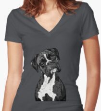 Black and White Boxer Art Women's Fitted V-Neck T-Shirt