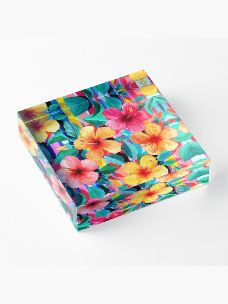 Alternate view of OTT Maximalist Hawaiian Hibiscus Floral with Stripes Acrylic Block