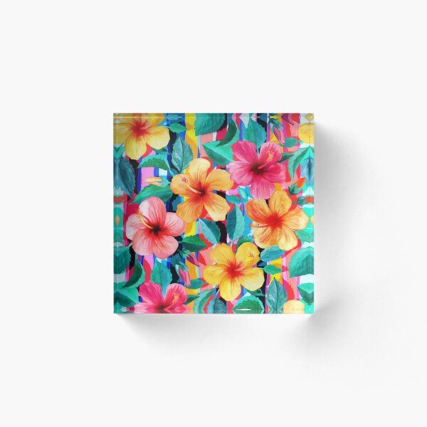 OTT Maximalist Hawaiian Hibiscus Floral with Stripes Acrylic Block