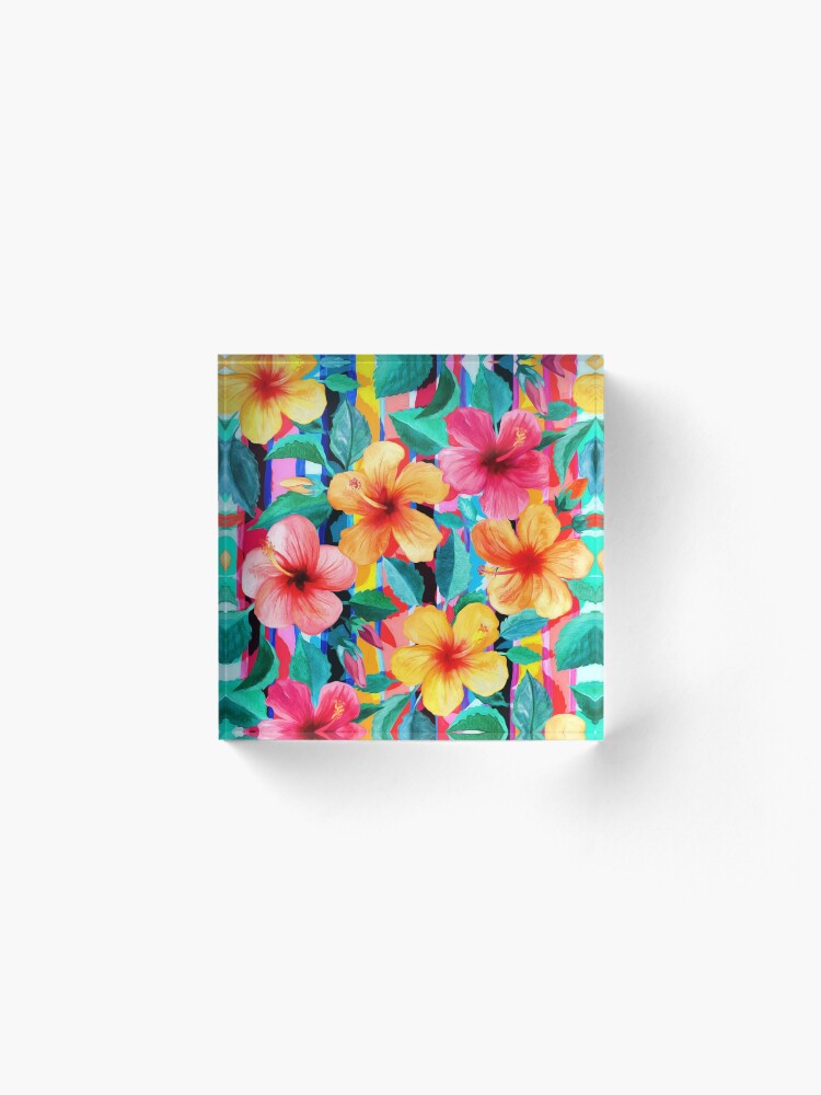 Alternate view of OTT Maximalist Hawaiian Hibiscus Floral with Stripes Acrylic Block