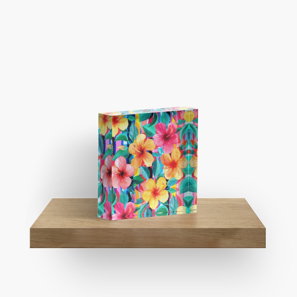 OTT Maximalist Hawaiian Hibiscus Floral with Stripes Acrylic Block